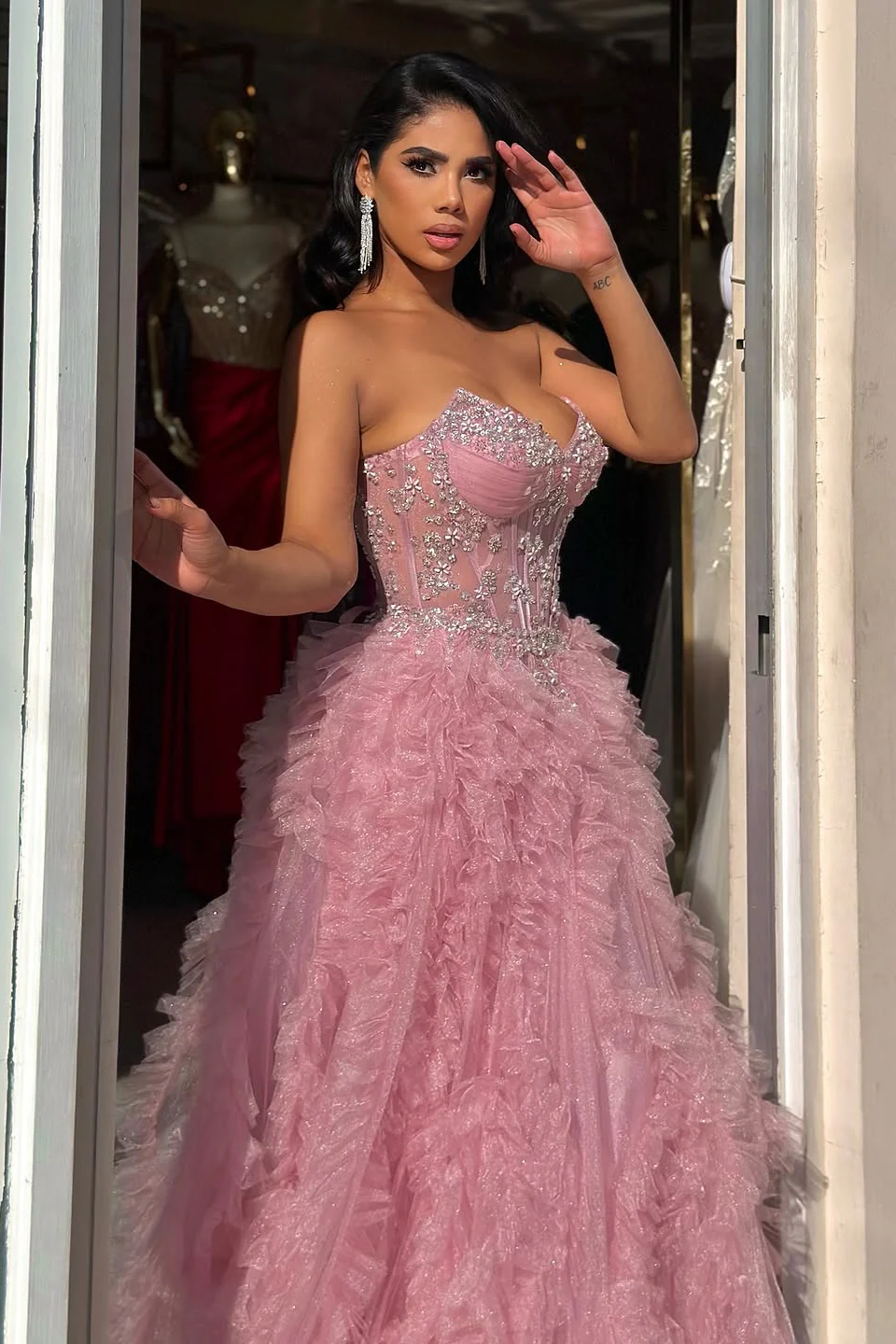 Chic Dusty Rose V-Neck Strapless Sleeveless Tulle Prom Dresses A-Line High Split With Gem - Image 2