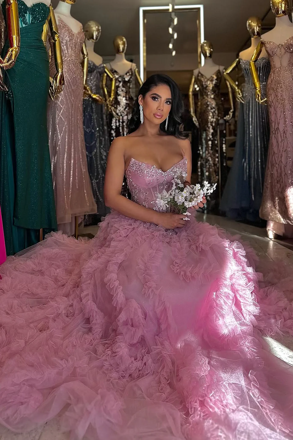 Chic Dusty Rose V-Neck Strapless Sleeveless Tulle Prom Dresses A-Line High Split With Gem - Image 3