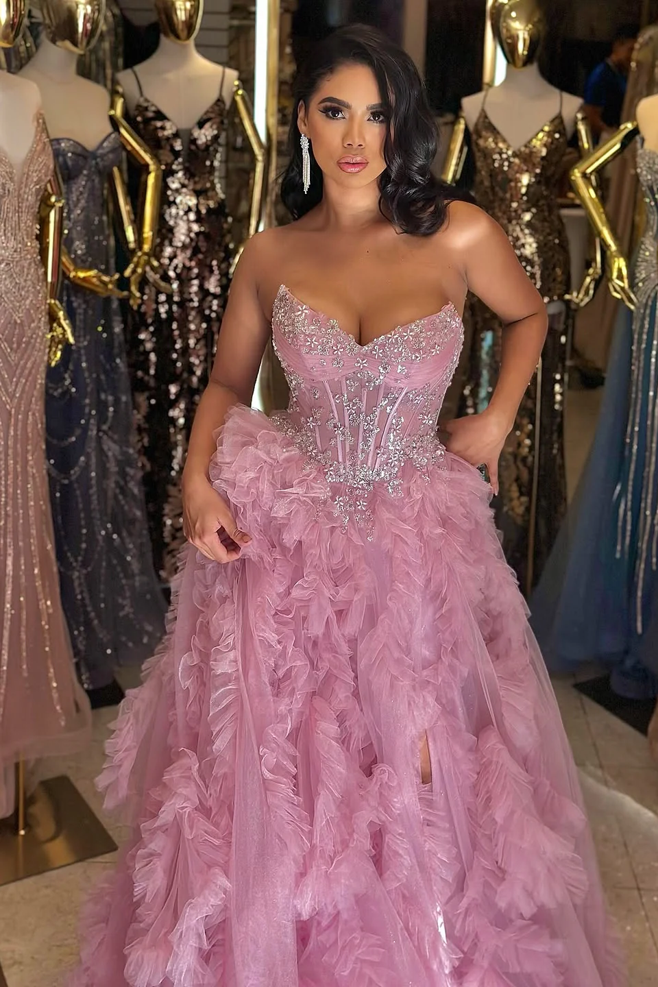 Chic Dusty Rose V-Neck Strapless Sleeveless Tulle Prom Dresses A-Line High Split With Gem - Image 6