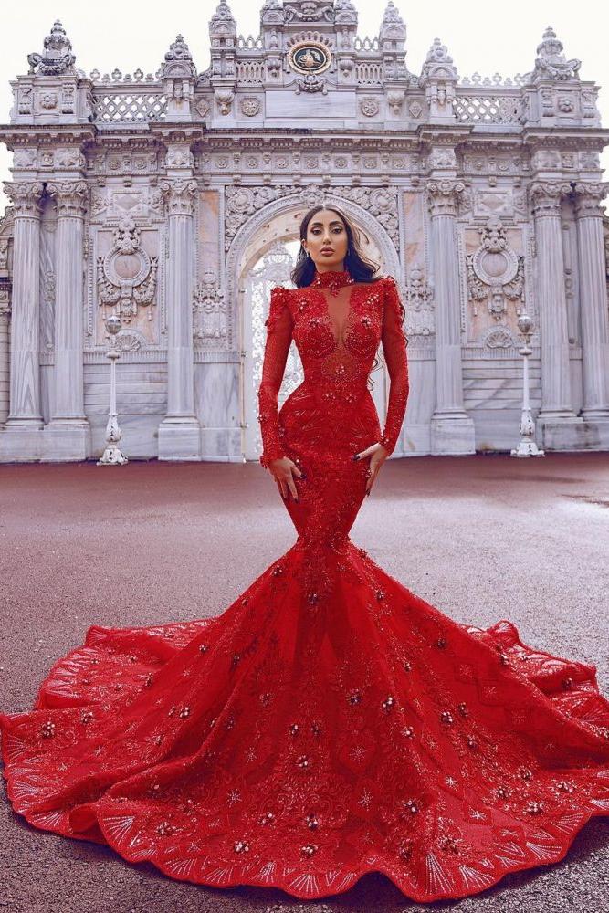 Chic Floor Length Mermaid Prom Gown Crystals Long Sleeves Sweep Train Party Gowns - Image 2