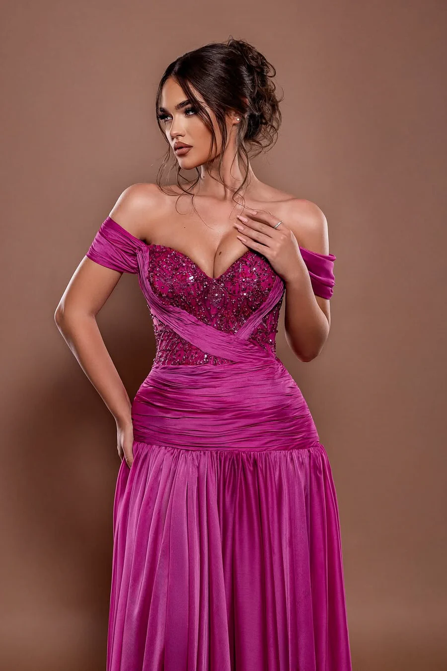 Chic Fuchsia Off-The-Shoulder Sweetheart A-Line Prom Dress Satin With Beads - Image 2