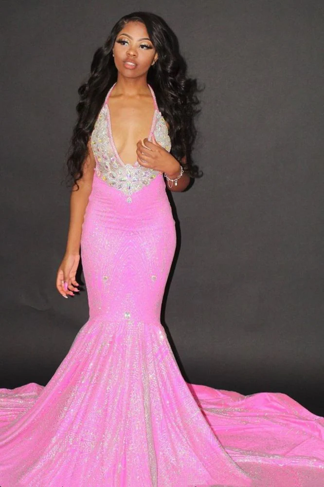 Chic Halter Mermaid Evening Gowns Backless Prom Party Gowns - Image 2
