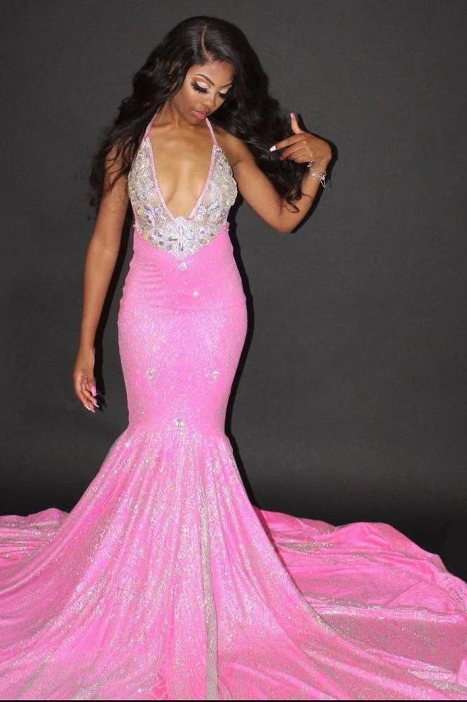 Chic Halter Mermaid Evening Gowns Backless Prom Party Gowns - Image 4
