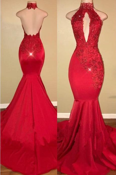 Chic Halter Mermaid Prom Party GownsLong With Lace Appliques - Image 2