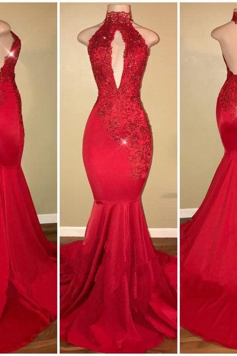 Chic Halter Mermaid Prom Party GownsLong With Lace Appliques - Image 5