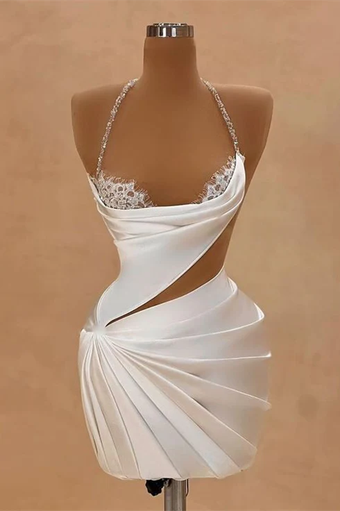 Chic Halter Sleeveless Homecoming  Dresses Mini Sheath Prom Dress Pleats With Beads - Image 2