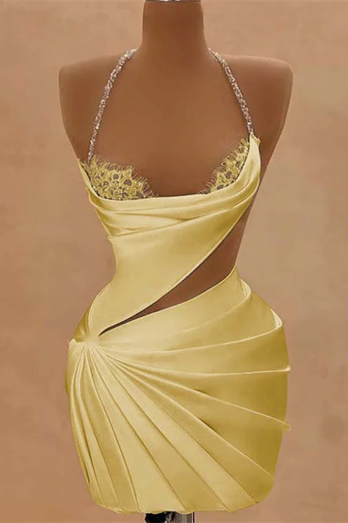 Chic Halter Sleeveless Homecoming  Dresses Mini Sheath Prom Dress Pleats With Beads - Image 4
