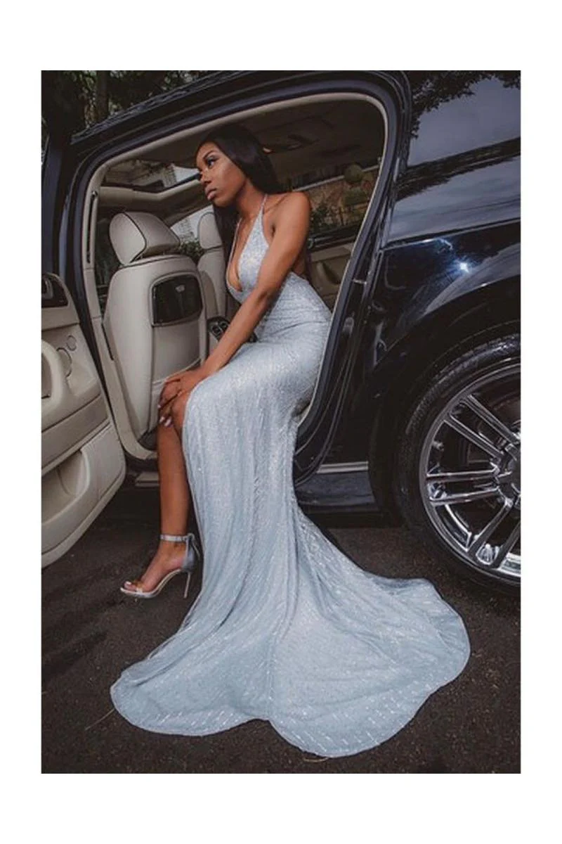 Chic Halter V-neck Sequins Front Slit Long Mermaid Prom Dresses - Image 2