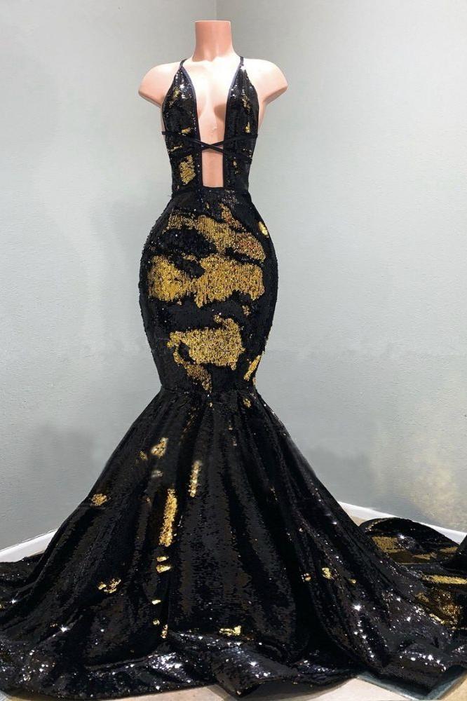 Chic Hollow Neckline Gold and Black Long Train Mermaid Evening Dresses - Image 2