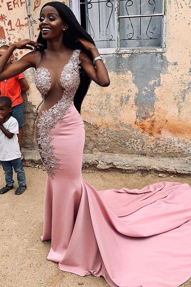 Chic Jewel Lace Appliques Mermaid Long Prom Dresses With Court Train Sheer Sleeveless Long Evening Gowns - Image 2
