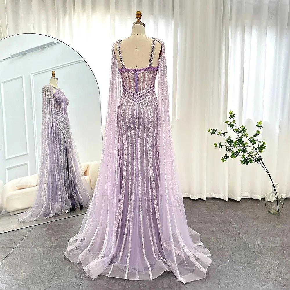 Chic Lilac Scoop Mermaid Evening Dress Split With Beadings Ruffle - Image 2