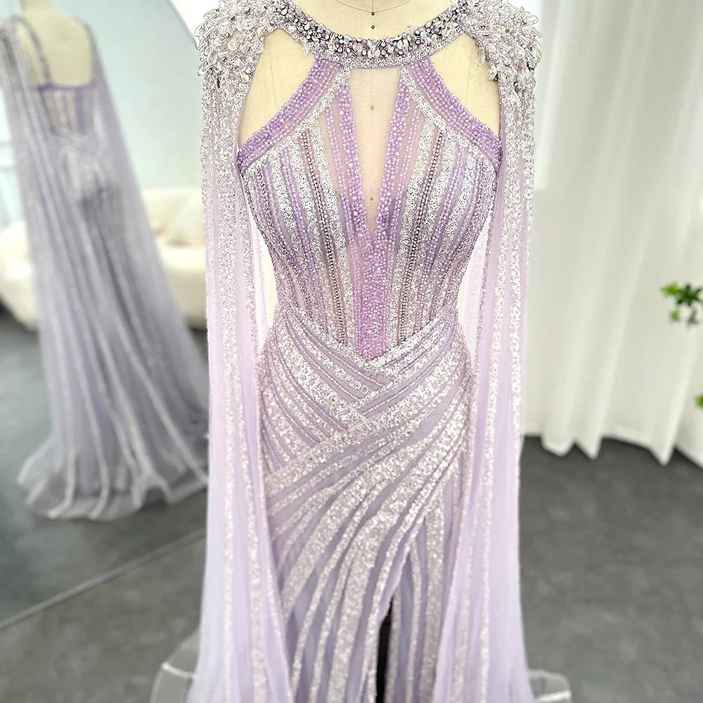 Chic Lilac Scoop Mermaid Evening Dress Split With Beadings Ruffle - Image 3