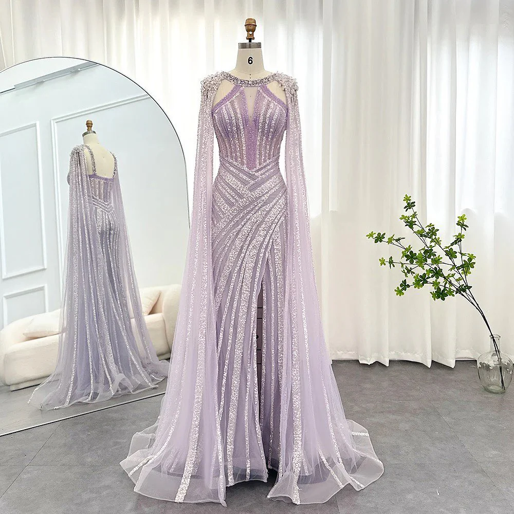 Chic Lilac Scoop Mermaid Evening Dress Split With Beadings Ruffle - Image 4