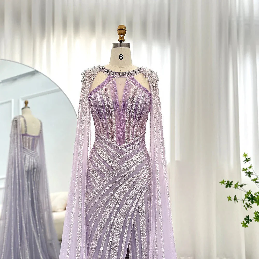 Chic Lilac Scoop Mermaid Evening Dress Split With Beadings Ruffle - Image 5