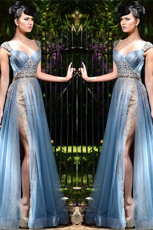 Chic Long Blue Formal Evening Dresses Tulle Crystal Chic Slit Prom Dresses - Image 2