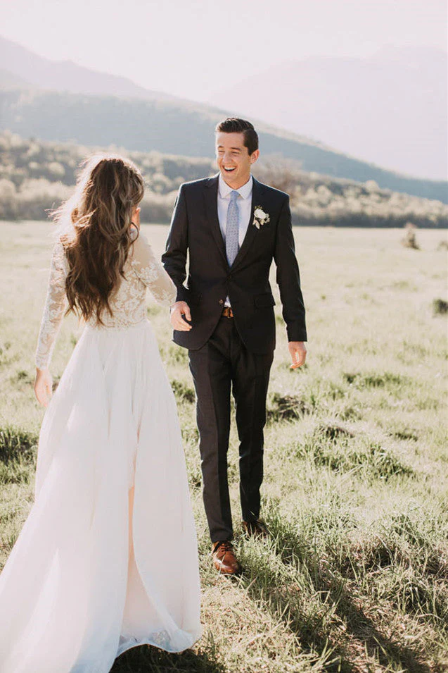 Chic Long Sleeves Tulle A line Wedding Dresses Appliques Floor Length Bridal Gowns - Image 2
