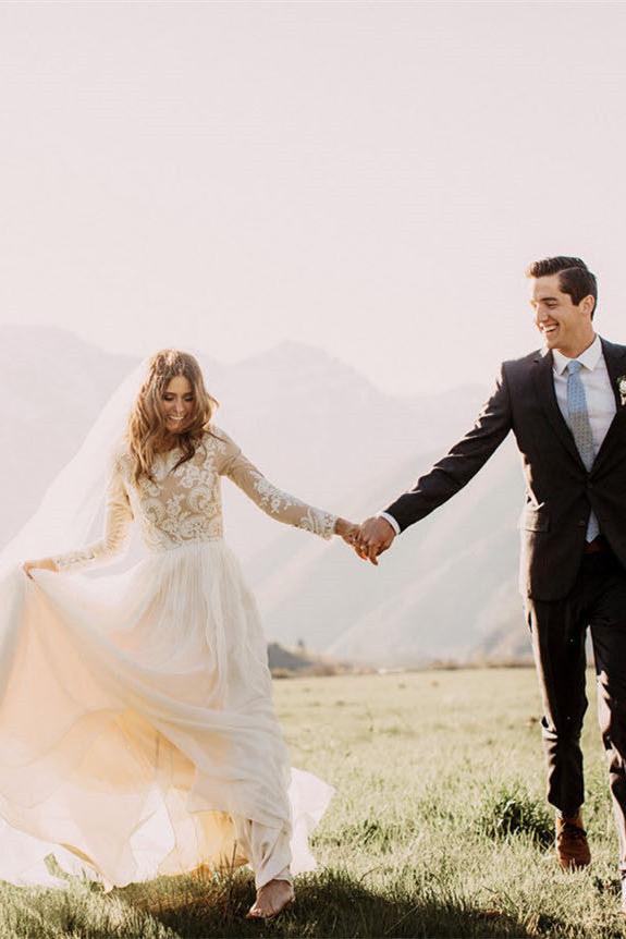 Chic Long Sleeves Tulle A line Wedding Dresses Appliques Floor Length Bridal Gowns - Image 3