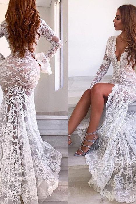 Chic Long Sleeves V-Neck Prom Party Gowns| Lace Evening Party Dress With Slit - Image 4