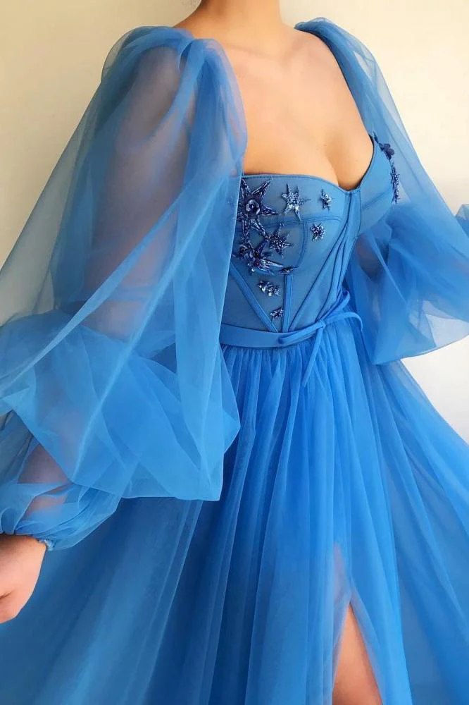 Chic Long Sleevess Sweetheart See Through Bodice Prom Party Gowns| Front Slit Blue Long Prom Party Gowns - Image 2