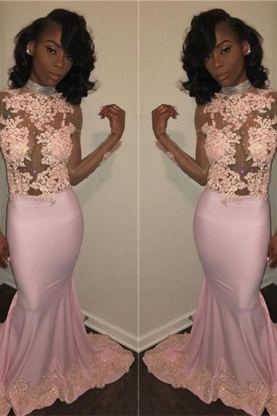 Chic Mermaid Pink High Neck Prom Dresses Long Sleevess Appliques Evening Gowns with Beadings - Image 2