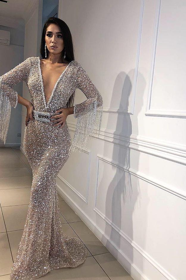 Chic Mermaid Tulle Sequins Deep V-Neck 3/4 Sleeves Floor-Length Prom Party Gowns with Tassels - Image 3
