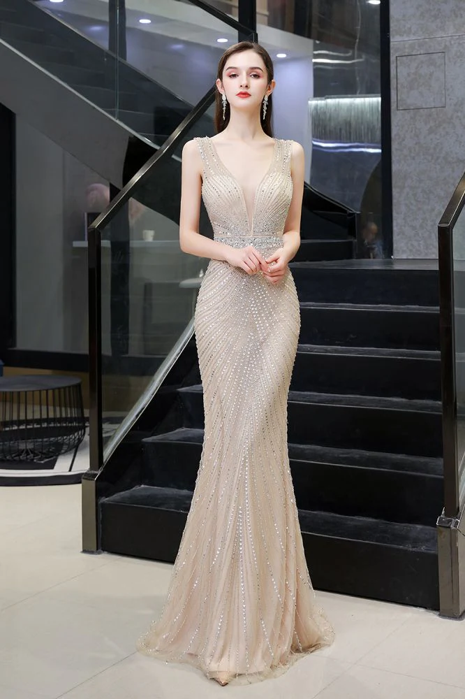 Chic Mermaid V-neck Silver Mermaid Prom Party Gowns - Image 11