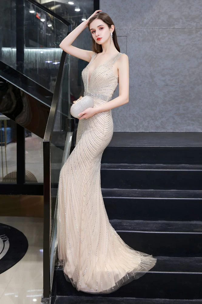 Chic Mermaid V-neck Silver Mermaid Prom Party Gowns - Image 14