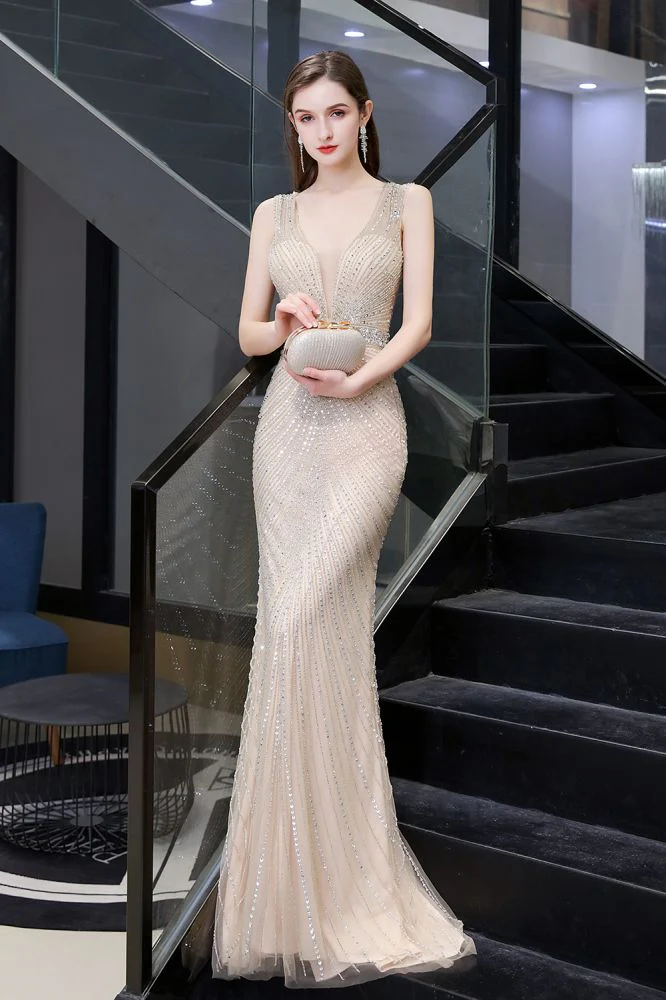 Chic Mermaid V-neck Silver Mermaid Prom Party Gowns - Image 16
