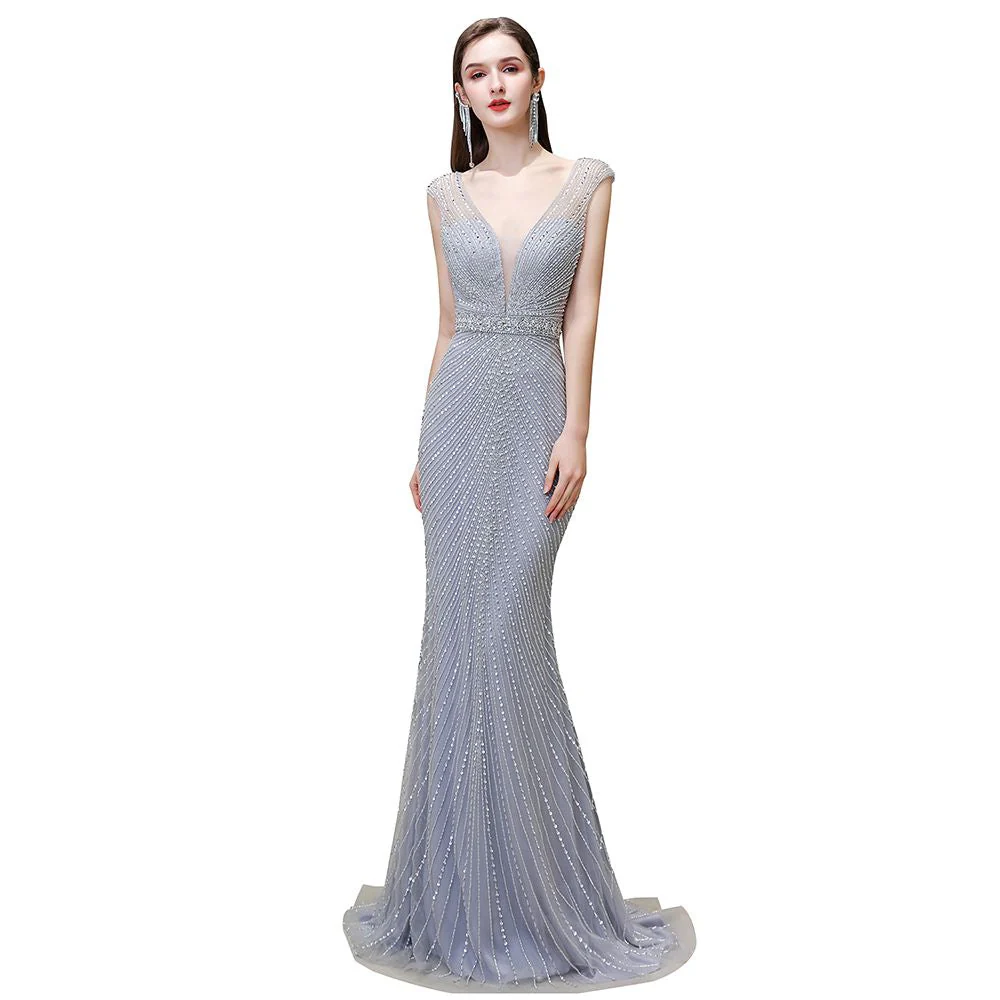 Chic Mermaid V-neck Silver Mermaid Prom Party Gowns - Image 23