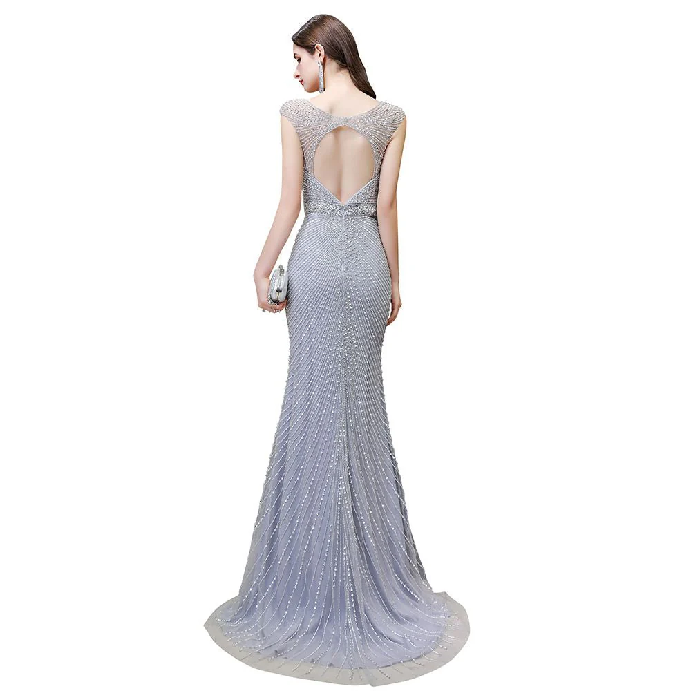 Chic Mermaid V-neck Silver Mermaid Prom Party Gowns - Image 24