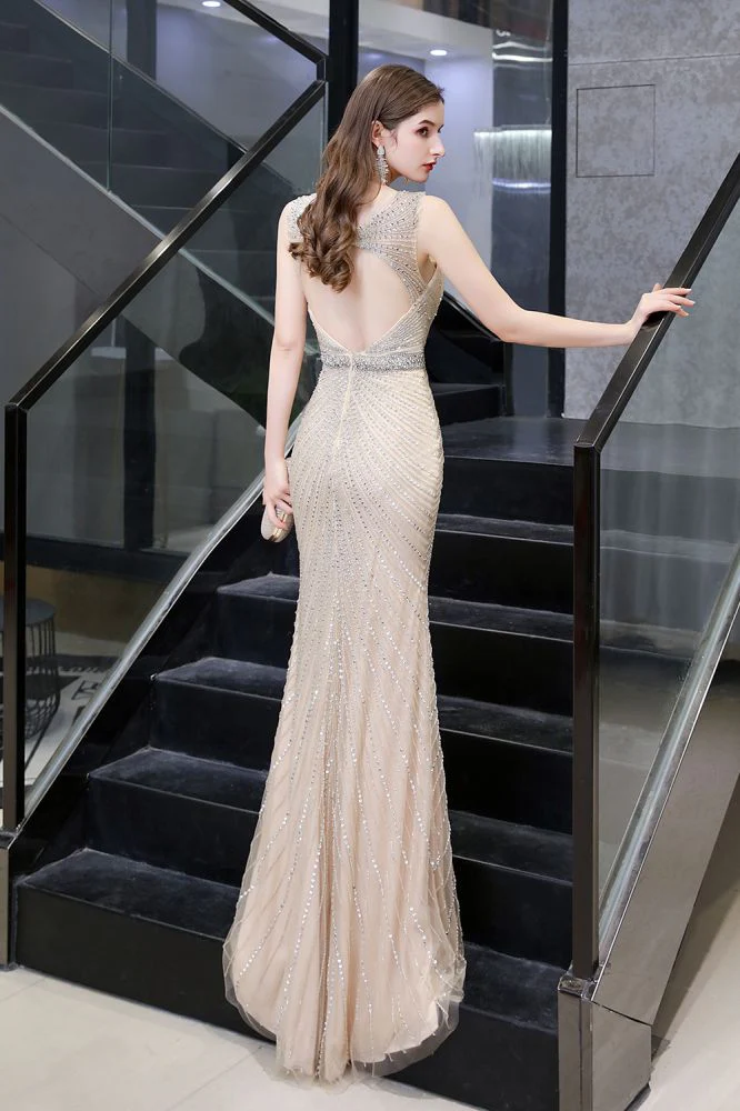 Chic Mermaid V-neck Silver Mermaid Prom Party Gowns - Image 25