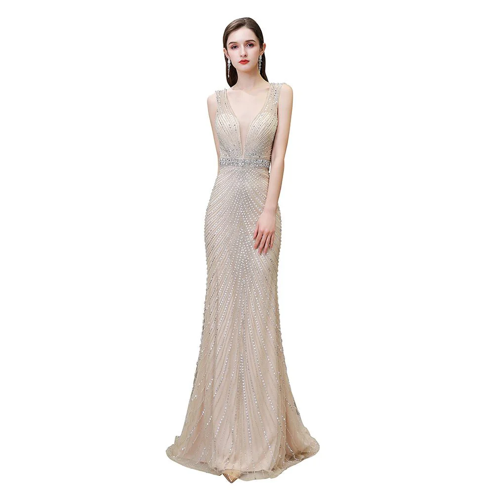 Chic Mermaid V-neck Silver Mermaid Prom Party Gowns - Image 26