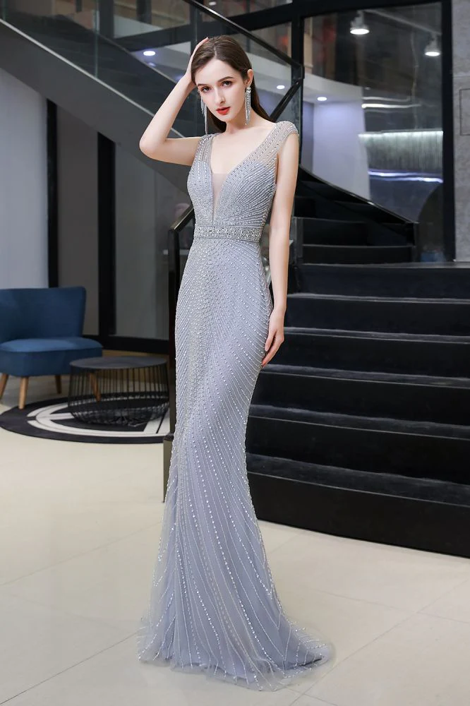 Chic Mermaid V-neck Silver Mermaid Prom Party Gowns - Image 3