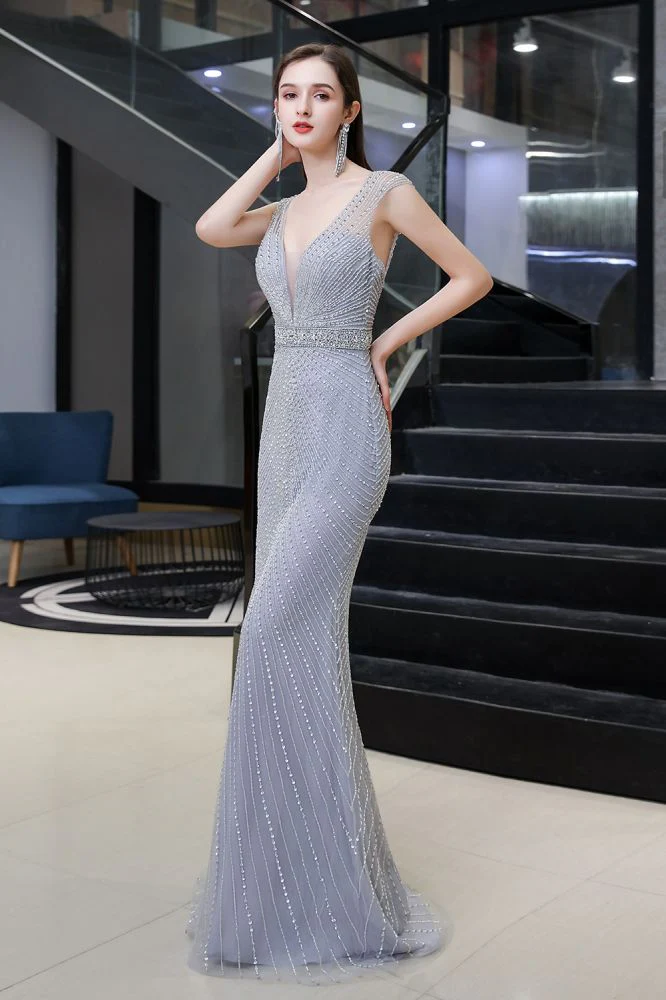 Chic Mermaid V-neck Silver Mermaid Prom Party Gowns - Image 4