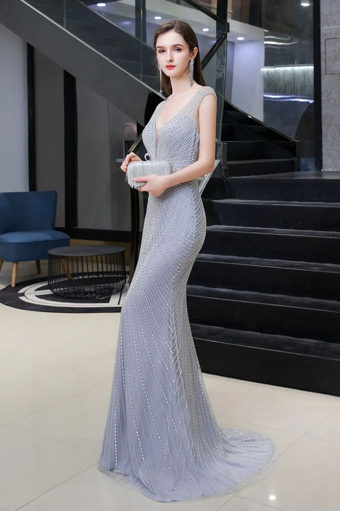 Chic Mermaid V-neck Silver Mermaid Prom Party Gowns - Image 5