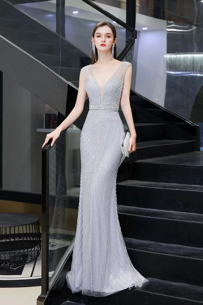 Chic Mermaid V-neck Silver Mermaid Prom Party Gowns - Image 6