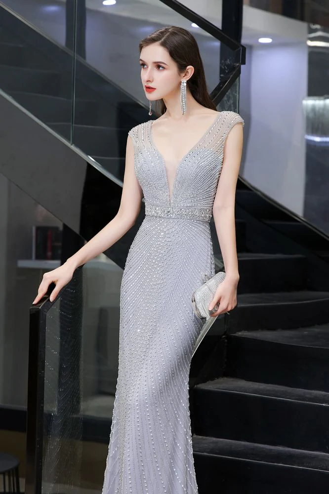 Chic Mermaid V-neck Silver Mermaid Prom Party Gowns - Image 9