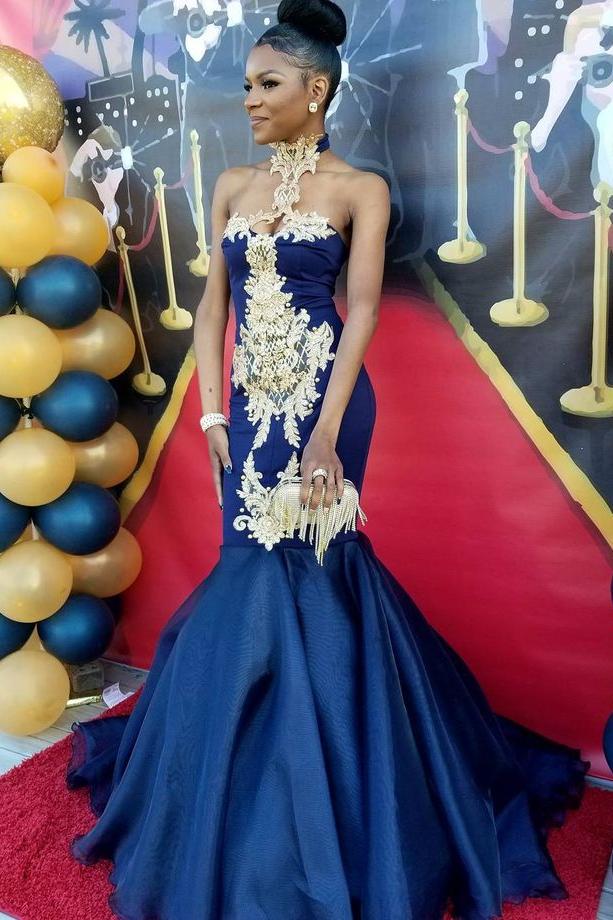 Chic Navy Blue Mermaid Prom Dresses High Neck Appliques Evening Dresses - Image 2