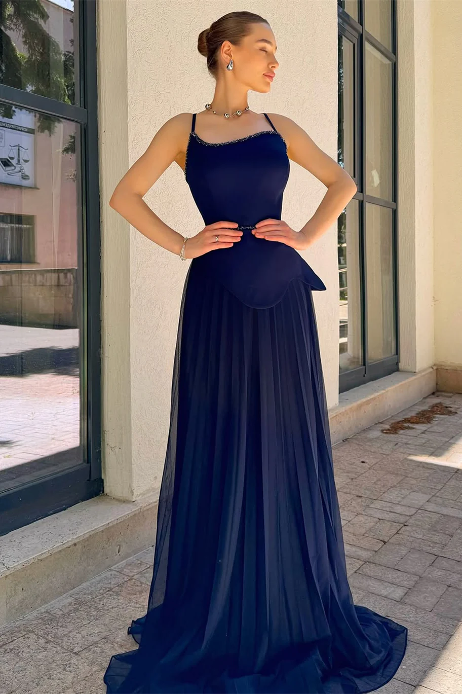 Chic Navy Blue Spaghetti-Strap Prom Dresses Sleeveless Floor Length Pleats With Pearls - Image 2