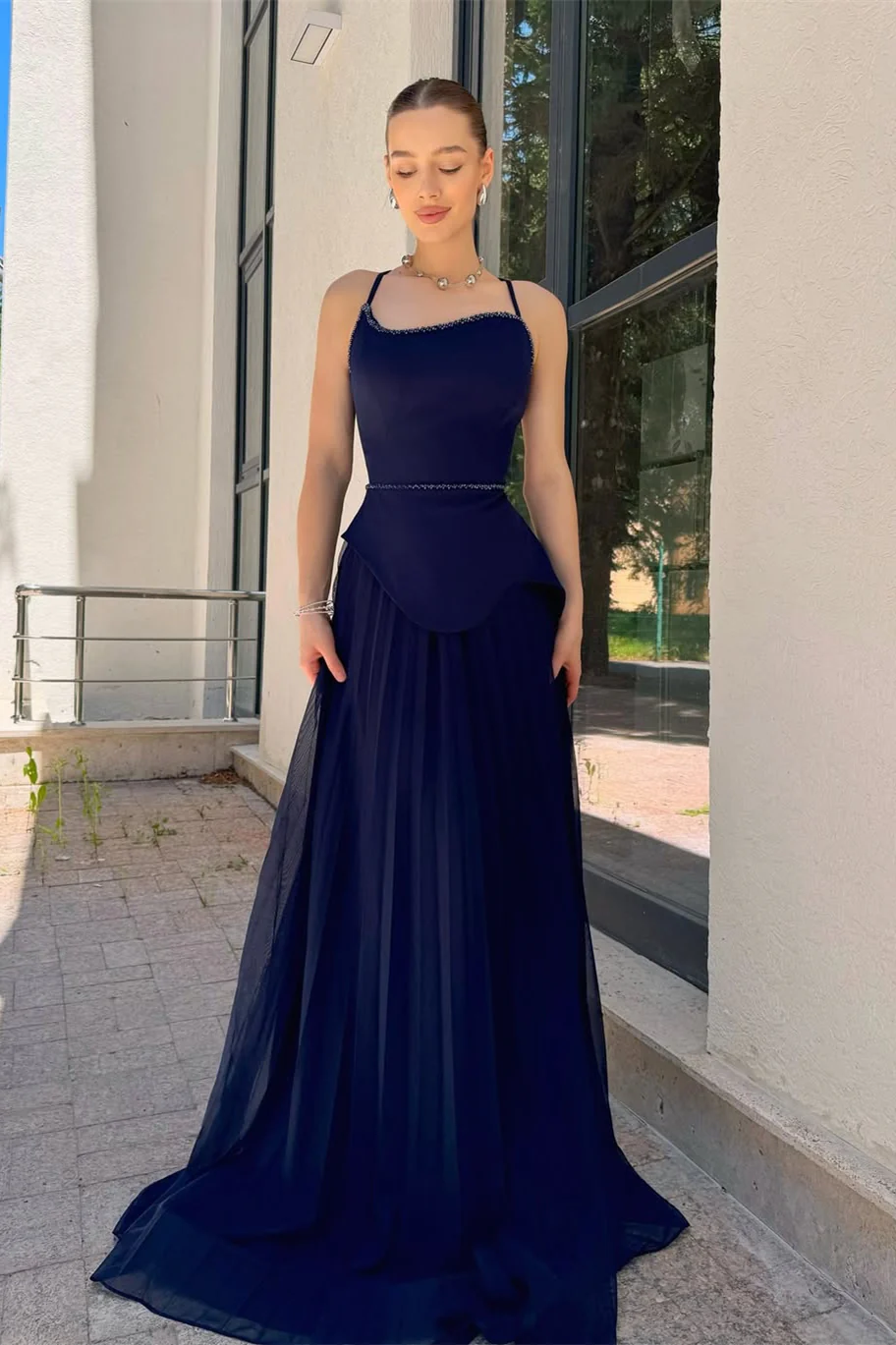 Chic Navy Blue Spaghetti-Strap Prom Dresses Sleeveless Floor Length Pleats With Pearls - Image 3