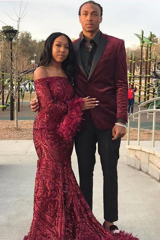 Chic Off-the-shoulder Burgundy Shining Sequined Long Prom Party Gowns with Fur - Image 3