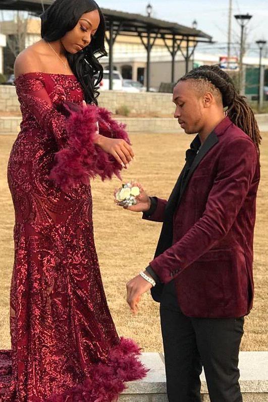 Chic Off-the-shoulder Burgundy Shining Sequined Long Prom Party Gowns with Fur - Image 5
