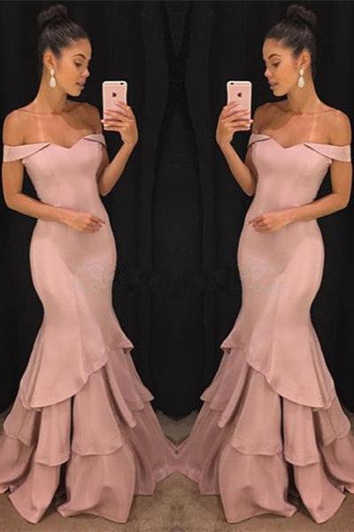 Chic Off-the-Shoulder Mermaid Prom Dresses Tiered Pink Ruffles Evening Gowns On Sale - Image 2