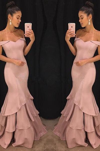 Chic Off-the-Shoulder Mermaid Prom Dresses Tiered Pink Ruffles Evening Gowns On Sale - Image 3