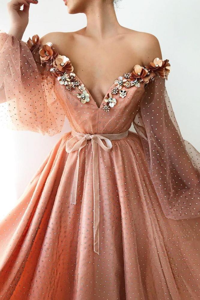 Chic Off-the-Shoulder V-neck Long Tulle Beading Long Sleevess Prom Party Gowns - Image 2