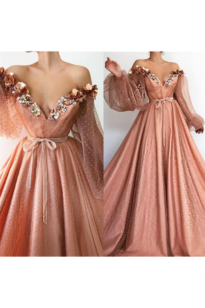 Chic Off-the-Shoulder V-neck Long Tulle Beading Long Sleevess Prom Party Gowns - Image 3