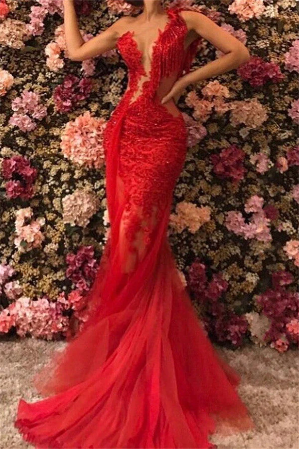 Chic One Shoulder Appliques Tulle Beading Mermaid Floor-Length Prom Dresses - Image 2