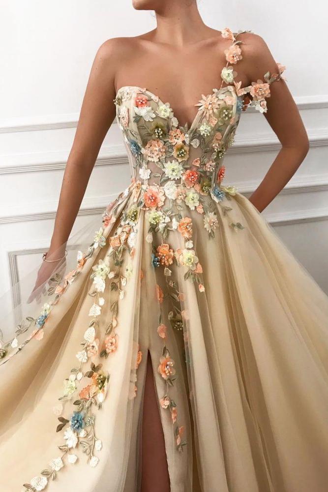 Chic One Shoulder Strap Tulle Sweetheart Front Slit Appliques Flowers Prom Party Gowns - Image 2