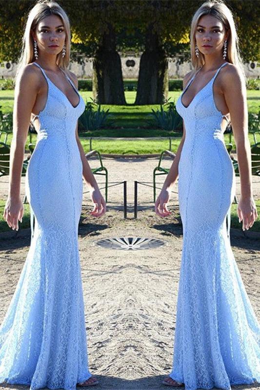 Chic Open Back Lace Evening Dress Mermaid Spaghetti Straps Baby Blue Fomral Evening Dress - Image 4