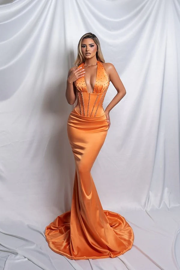 Chic Orange Halter Mermaid Satin Sleeveless Prom Dresses V-Neck Floor Length With Beads - Image 2